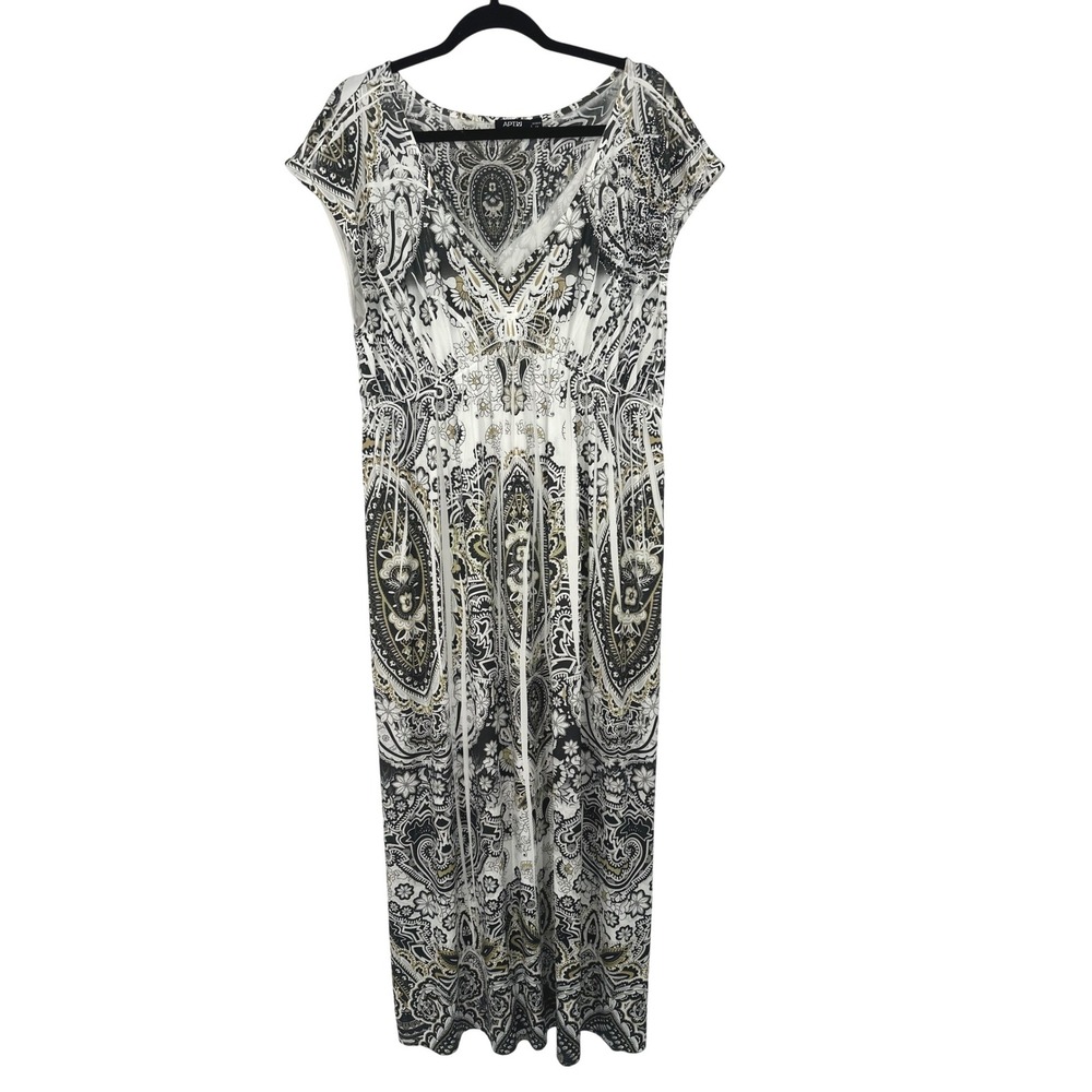 Apt 9 Maxi Dress Womens 1X Black White Paisley Beaded Y2K Empire Waist Slinky